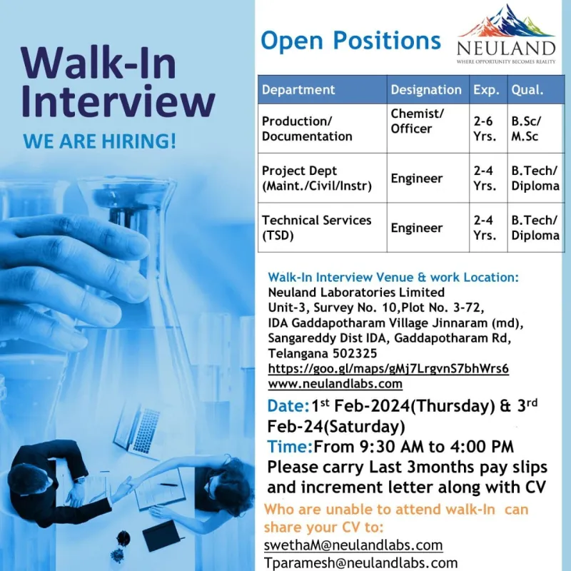 Neuland Laboratories - Walk-In Drive for Multiple Positions on 1st & 3rd Feb 2024